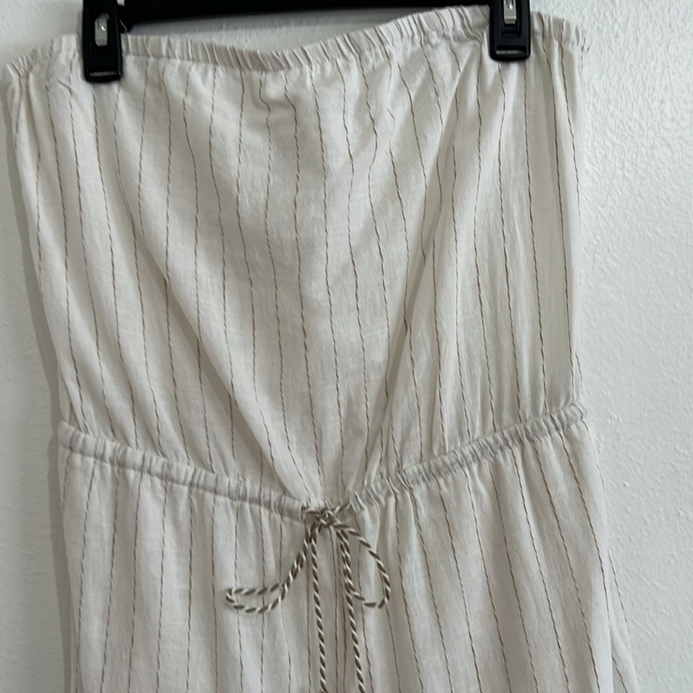 Cottage Core Fairy Ivory Tan Pin Stripe Linen Blend Jumpsuit Removable Straps M - Picture 2 of 7